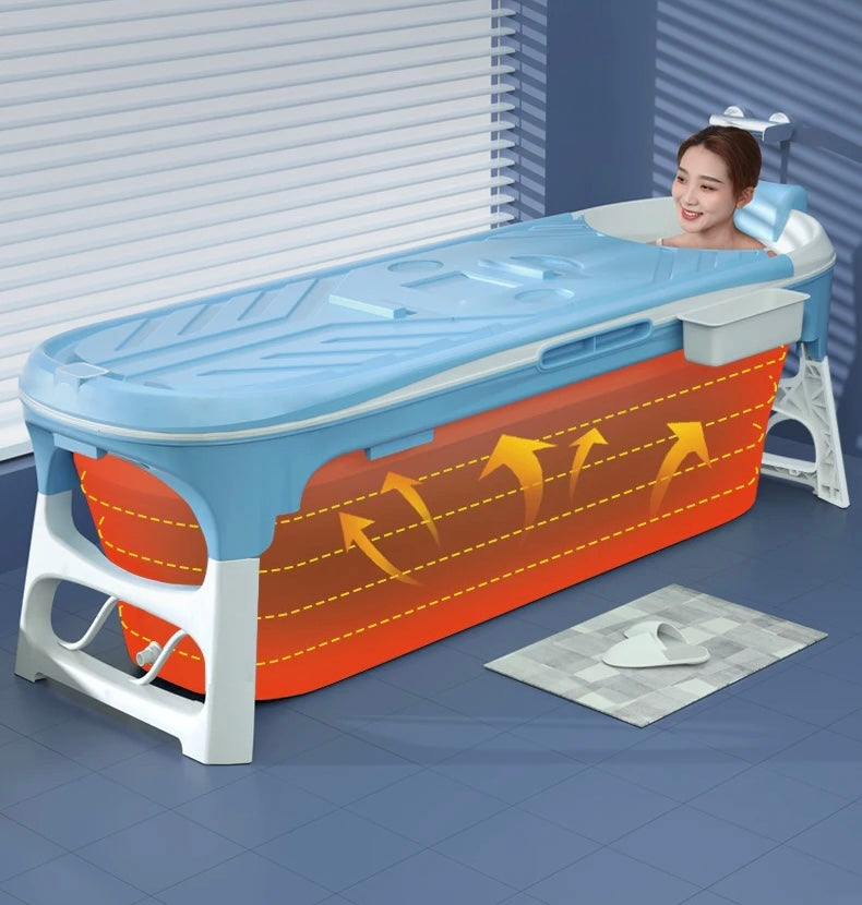 bain portatif bleu avec cliente satisfaite