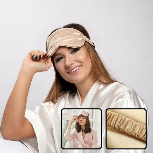 masque de sommeil beige sur front cliente maquillée