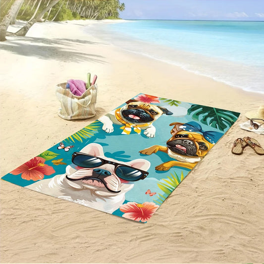 serviette de plage en bouledogue etendue sable de plage