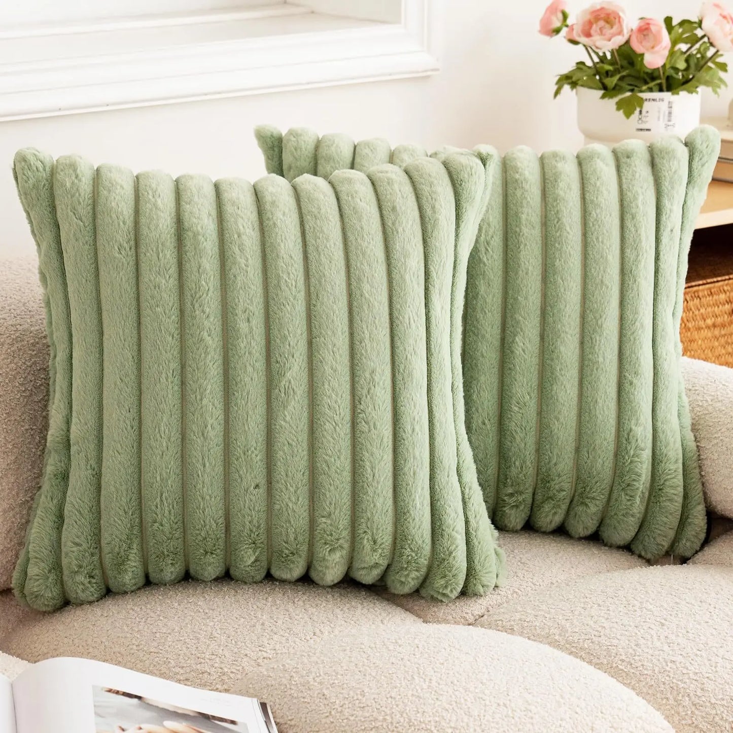 housse de coussin en faux fourrure de lapin vert clair