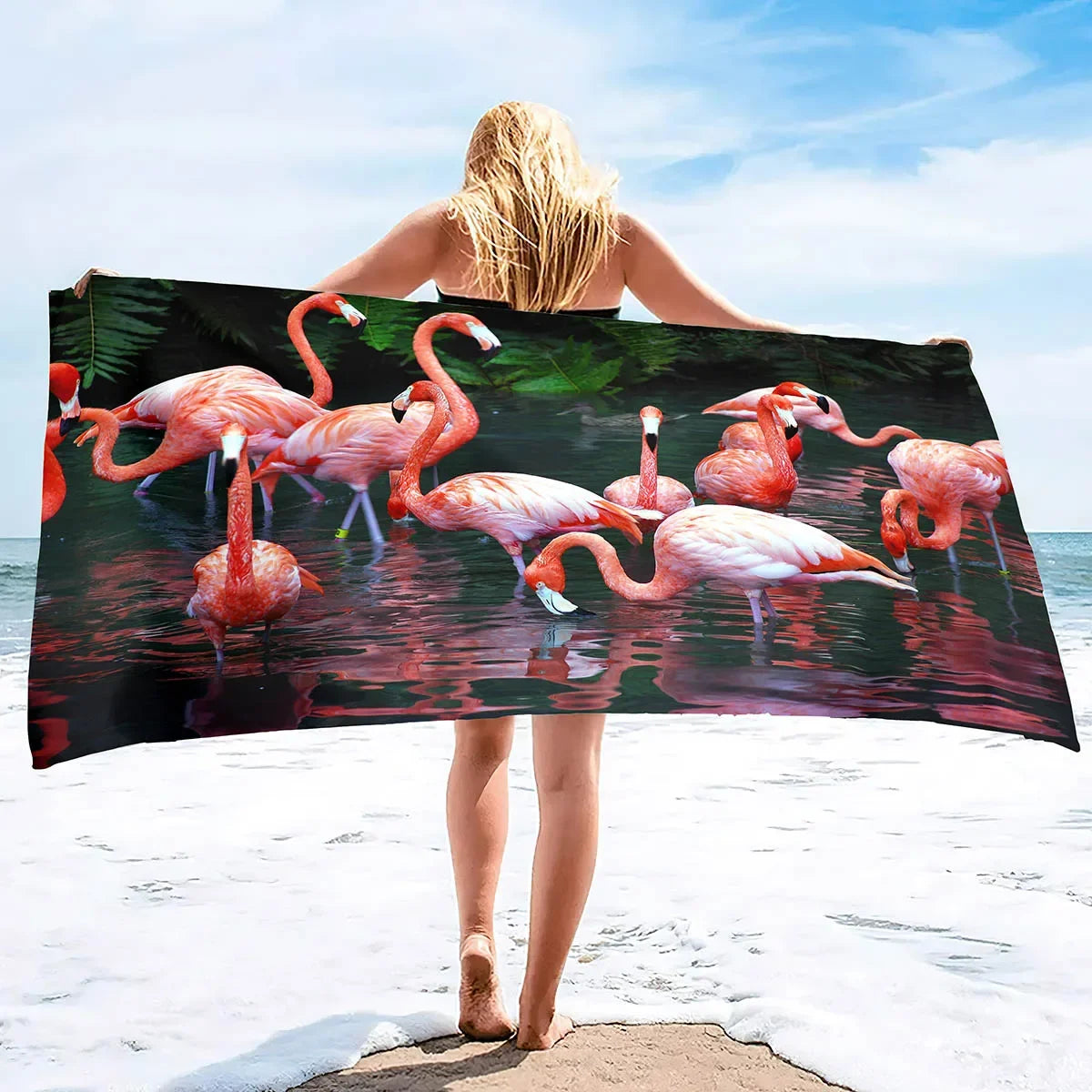 serviette de plage flamants a l eau