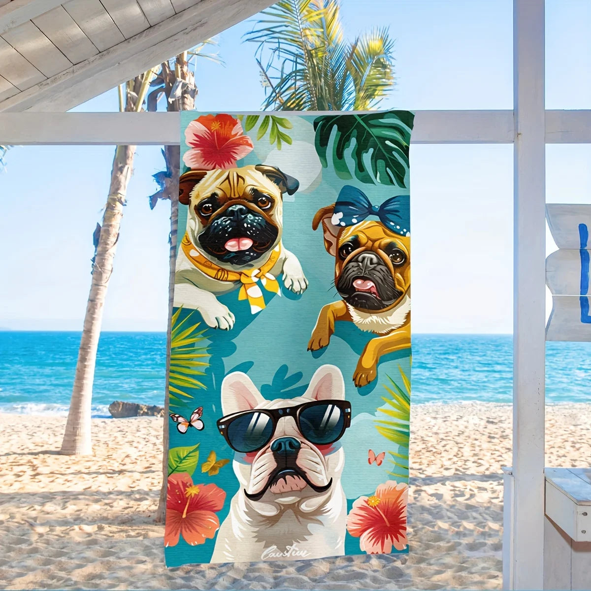 serviette de plage en bouledogue accrochee cabane plage