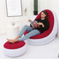 sofa gonflable rouge et blanc cliente en lecture heureuse