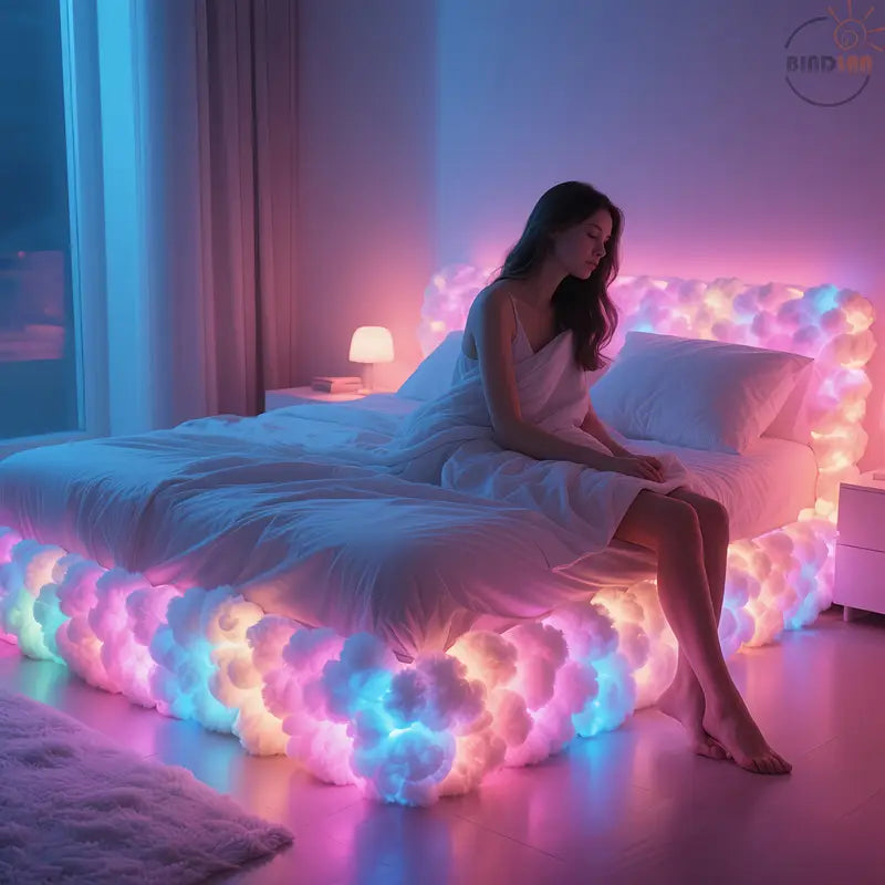 tour de lit en nuage femme au bord de lit